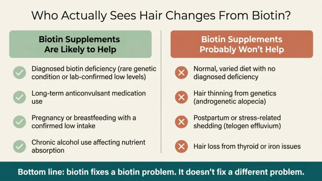 Infographic comparing who biotin supplements help versus who they don't