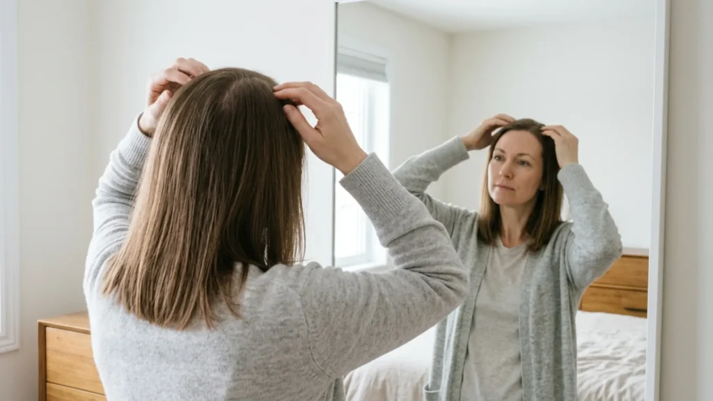 Woman looking thoughtfully at her hair in a mirror, assessing thinning at the crown