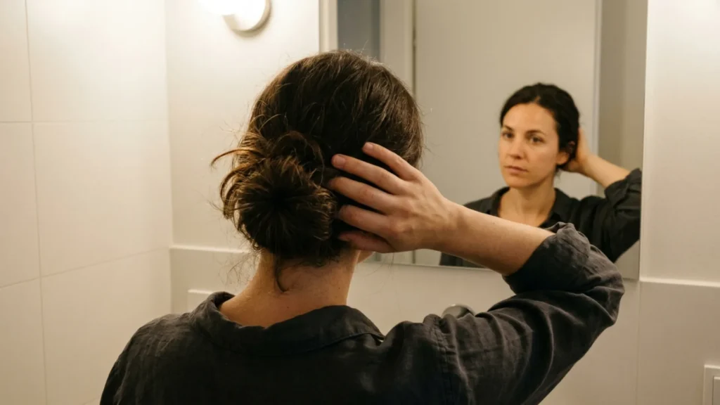Woman with dark hair in a low bun looking thoughtfully at her reflection in a bathroom mirror