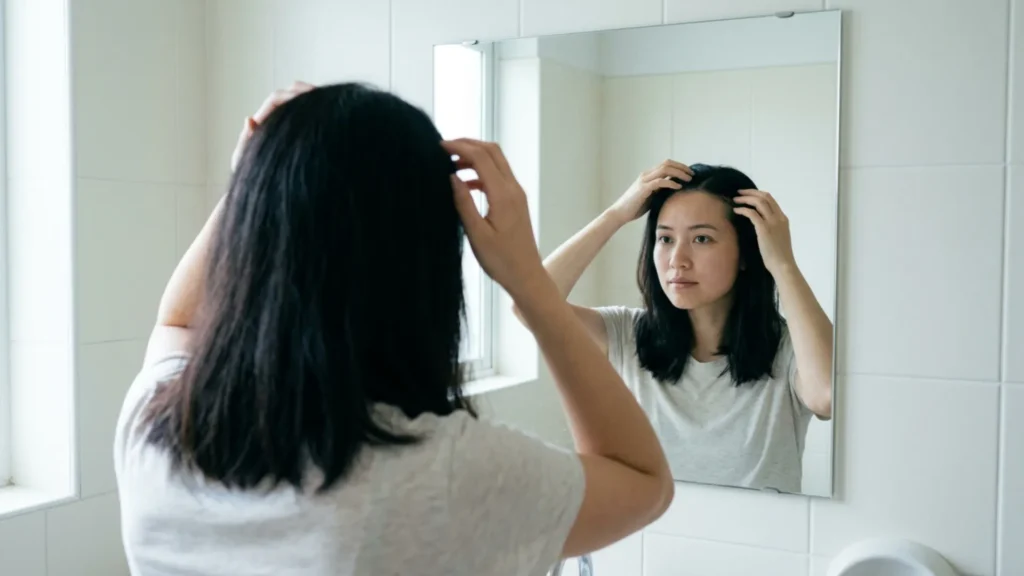 Woman calmly examining her hairline in a bathroom mirror