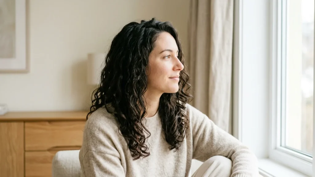 Woman with defined healthy wavy hair seated near a bright window in soft natural light