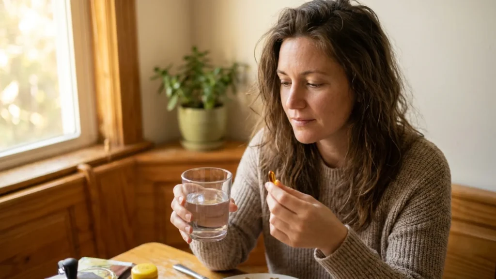 Woman holding a biotin supplement capsule at breakfast table